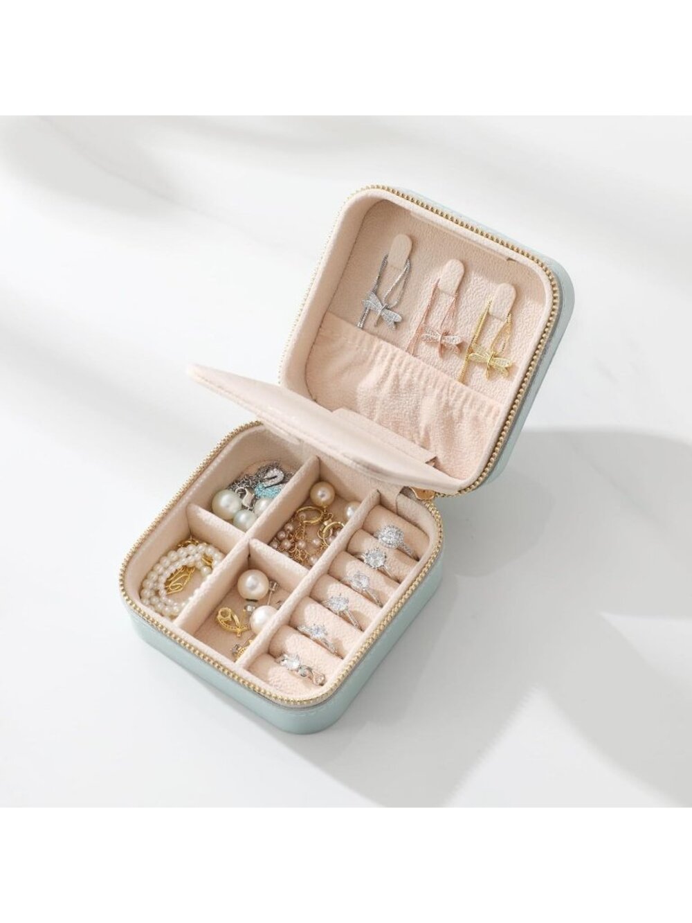 Genuine Leather Travel Jewelry Case Organizer Lychee Grain Leather Mint Green